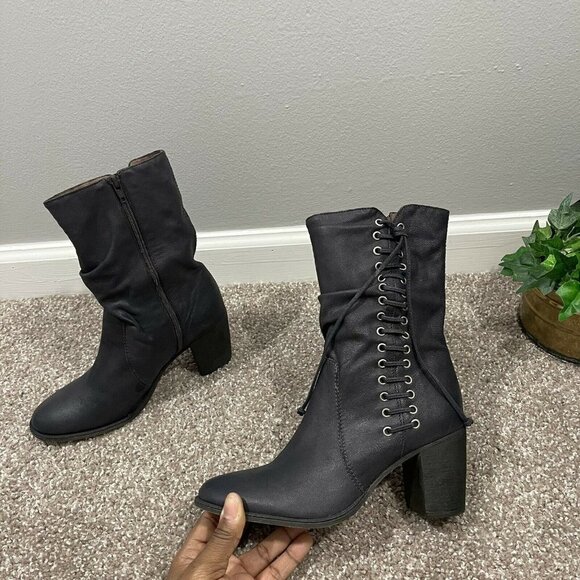 Bernardo Womens Boots Size 6.5 M Dark Gray Leather Zip Side Lace Up Mid Calf - Picture 9 of 9